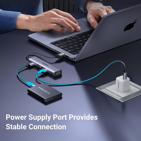 UGREEN USB to Ethernet Adapter, 5 in 1 Hub with Gigabit RJ45, 3 USB 3.0 Ports, USB-C Power for Laptop