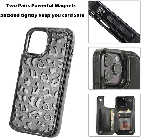 uCOLOR iPhone 14 Pro Max 6.7" Wallet Case, Card Holder Folio Flip PU Leather, RFID Blocking Cover (Black Leopard)