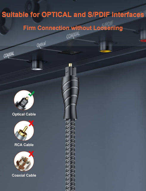 VANAUX Optical Digital Audio Cable, Toslink Cable with PMMA Fiber Optic Braided Jacket, S/PDIF Male to Male Cord