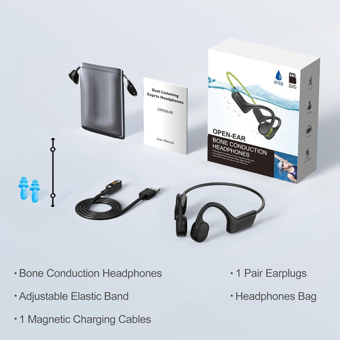 Generic IP68 Swimming MP3 32G, 10Hr 5.3 Bone Conduction Headphones, Waterproof Open Ear Headphones with Microphones