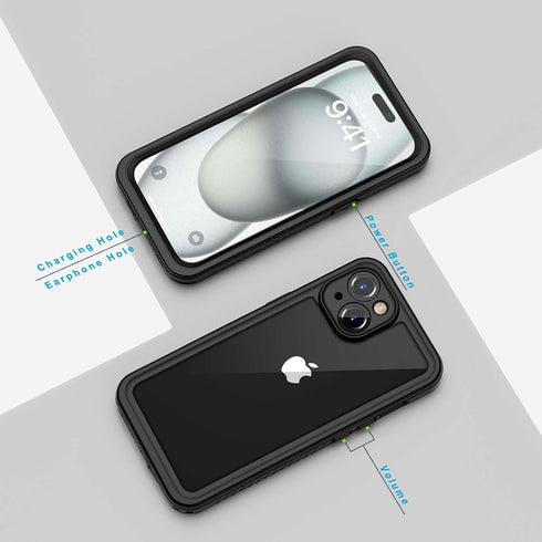 Lanhiem iPhone 15 Plus Case - 360 Full Body Waterproof, Dustproof, Shockproof with Built-in Screen Protector (Black)