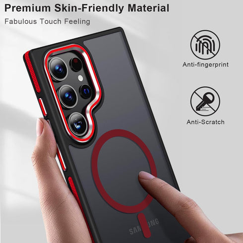 Samsung Galaxy S23 Ultra Case, Slim Drop-Proof, Anti-Skid Edge, MagSafe Compatible, Silky Translucent Back, Black/Red.