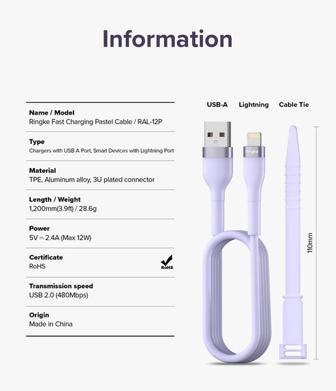 Ringke USB A to Lightning Charger Cable (1.2M / 3.94 FT) for High Speed Data Transfer, Fast Charging, Compatible with