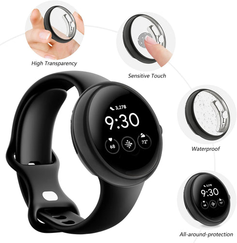 Amzpas 2 Pack for Google Pixel Watch Screen Protector Case, Soft Plated TPU Full Around Sensitive Touch Protective Cover for Google Pixel Watch Accessories, Black+Silver
