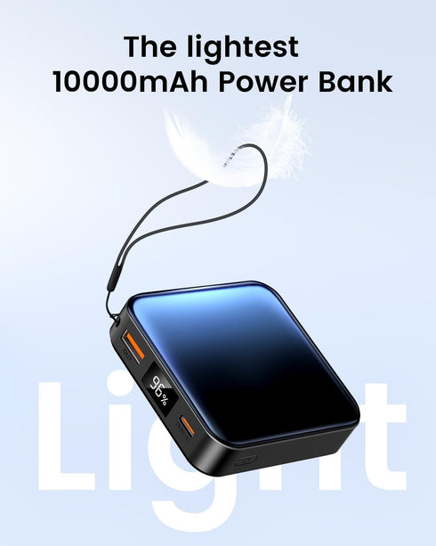 10000mAh Small Power Bank, Mini Portable Charger, USB C Input/Output with Smart LED Display, 30W Fast Charging for