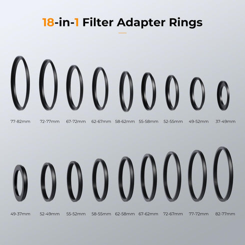K&F Concept 18 Pieces Filter Ring Adapter Set, Camera Lens Filter Metal Stepping Rings Kit, Black