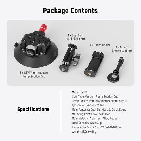 NEEWER 4.5" Suction Cup Camera Mount with Ball Head, Quick Release Car Mount, Compatible with iPhone DJI Insta360, CA105