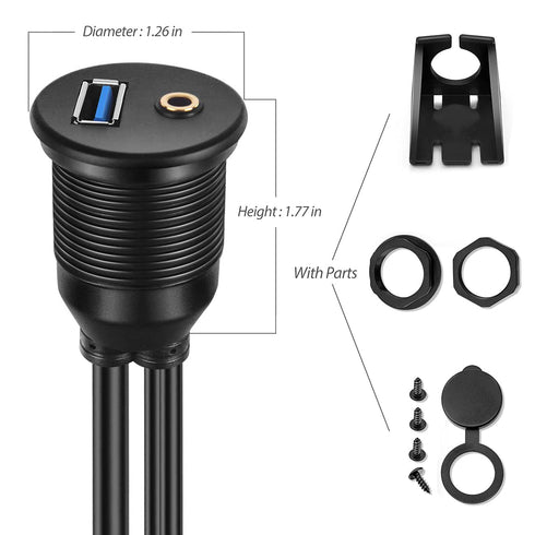 Flush Mount Cable Kit 3 ft USB 3.0 Male to Female and 2 RCA Male to 3.5mm Female AUX Extension