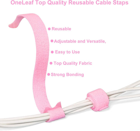 110PCS Reusable Cable Ties, Adjustable 8 1/2" Cord Organizer Ties, Multi-purpose Hook Loop Cable Management Wire Ties for Organizing Home, Office, Data Centers, Pink by OneLeaf