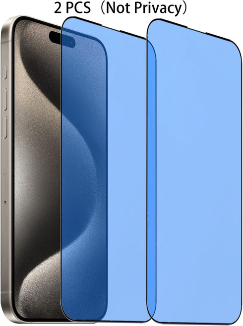 iPhone 15 Pro 6.1" Anti-Blue Tempered Glass Screen Protector Film - 2 Pack, 9H Hardness, Full Coverage (Blue)