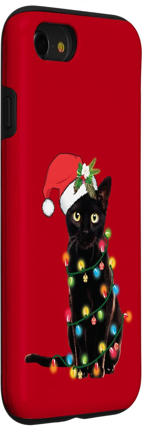 iPhone SE (2020) / 7 / 8 Santa Black Cat Case, Tangled Up In Christmas Tree Lights