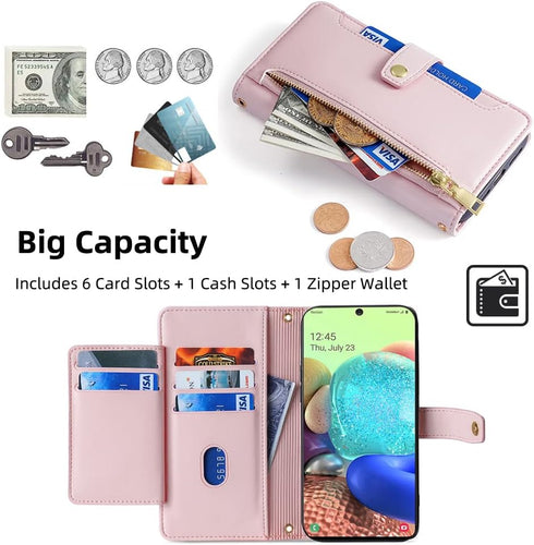 Asuwish Phone Case for Samsung Galaxy A71 5G, Zipper Leather Wallet Cover with Kickstand and Credit Card Holder - Rose