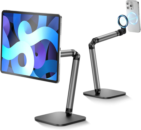 Phone Holder for Desk with Magnetic Design, Tablet Stand for iPad, Heavy Duty Metal Base, 360° Rotation, Height & Angle