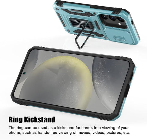 for Samsung Galaxy S24 Case, Shockproof Phone Case with Sliding Camera Cover & Rotatable Ring Holder Kickstand +