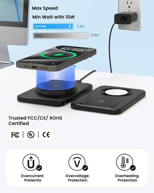 JoyGeek Magnetic Wireless Charging Station for Apple Devices, 3 in 1 Foldable Charger Stand for MagSafe, Compatible