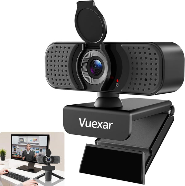 Vuexar 2K Webcam with Microphone, Web Camera withTripod, Dual Mics, Plug & Play