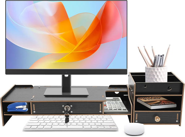 TFCFL Desktop Monitor Stand, Multi-Purpose Computer Monitor Booster Stand with Drawer, 90
