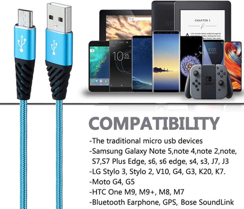 Fast Charge Micro USB Cable 6FT 5-Pack, Nylon Braided, Compatible with Samsung Galaxy S6 S7 Edge, LG, HTC, Xbox One,