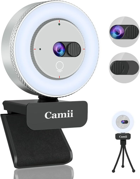 Camii 2K Webcam with Light, HD Webcam for PC with Built-in Privacy Cover,