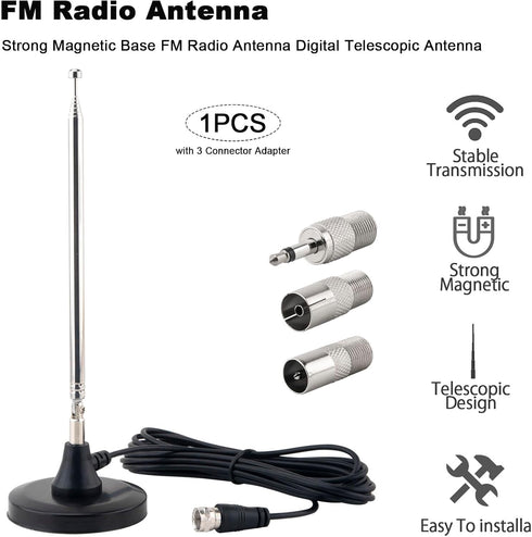 Kaunosta 10ft FM Antenna for Stereo Receiver Indoor, Telescopic FM Radio Antenna Heavy-Duty Magnetic Base with Cable