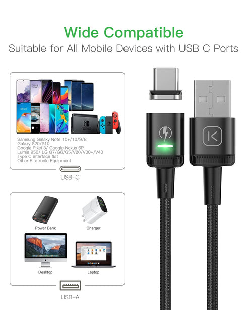 Kuulaa 6ft Magnetic USB C Cable (2 Pack) - 3A Fast Charging, LED Nylon Braided for Samsung & Type C Devices (Black)