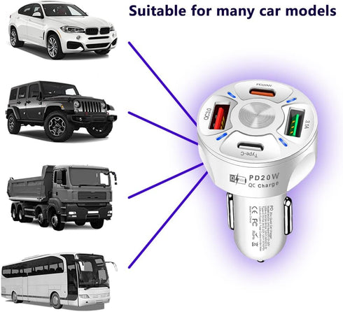 4 Port USB C Car Charger Adapter with LED Light, Quick Charge Type C/PD 20W/QC 3.0 for iPhone 14 13 12 S22 S21 (White)