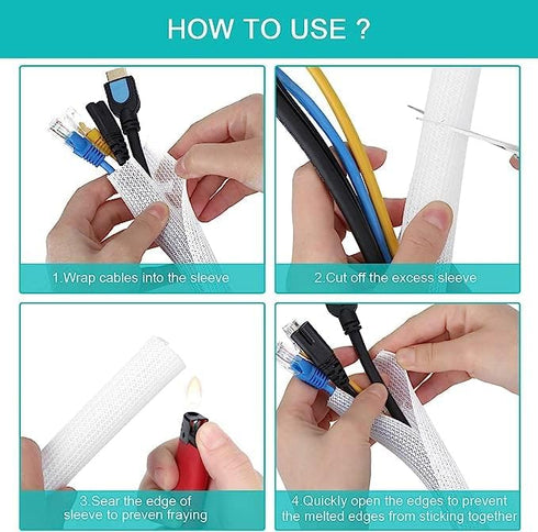 20ft - 1 inch White Cable Sleeve, Cable Organizer for Desk PC, Wire Protector Cover for Home Office