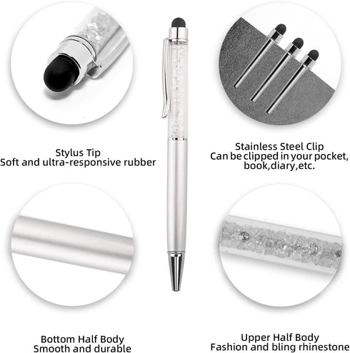 YOUMI 3 pcs 2 in 1 Bling Ballpoint Pens Crystal Diamond Pen Capacitive Touch Screen Stylus with Replacement Refills Black Blue Ink Rubber Tips for iPhone iPad Kindle Touchscreen Devices (Silver)