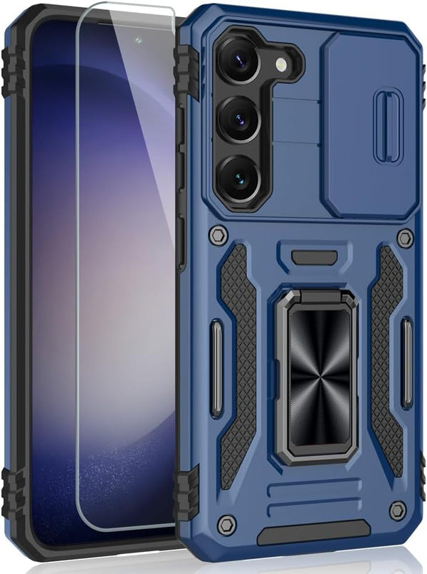Samsung Galaxy S23 Case, Shockproof Phone Case with Sliding Camera Cover & Rotatable Ring Holder, 6.1", Dark Blue