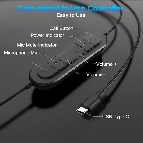 USB-C Over-Ear Noise-Canceling Headphones with Microphone & Volume Control, Long Cord for Laptops and Mobiles