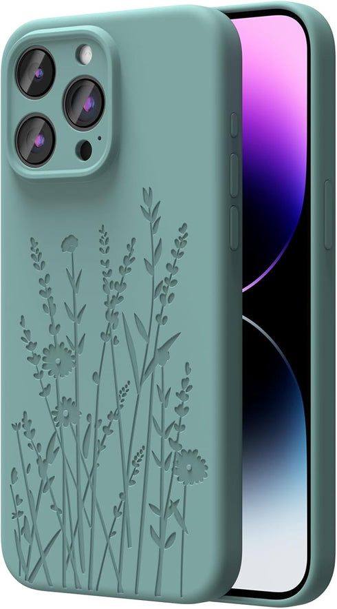 Midnight Green Flower Magnetic Silicone Case for iPhone 15 Pro, Magsafe Compatible, Camera Protection, Soft Microfiber