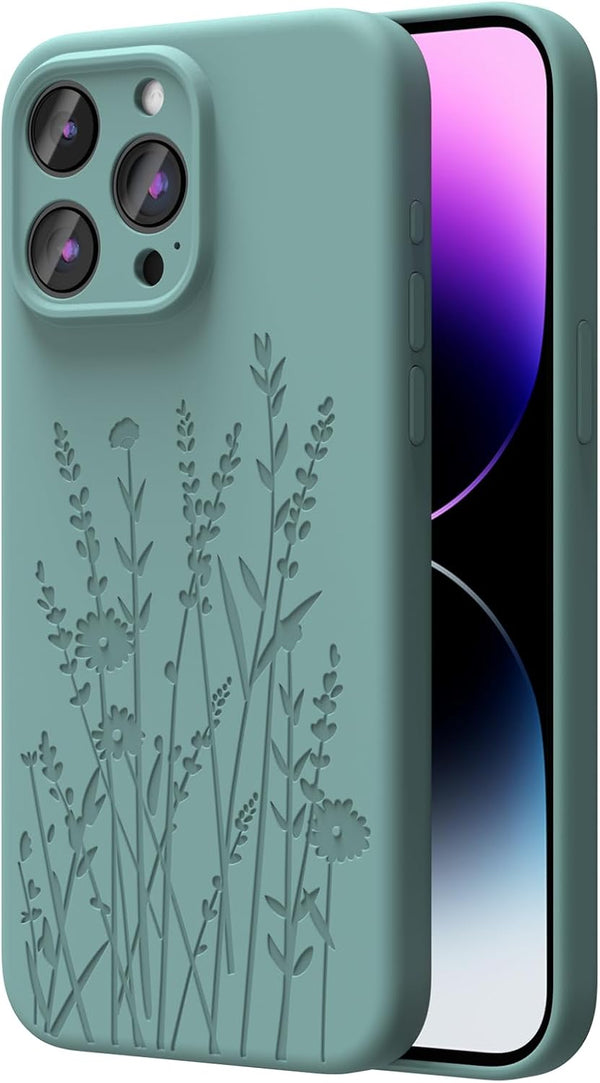 Midnight Green Flower Magnetic Silicone Case for iPhone 15 Pro, Magsafe Compatible, Camera Protection, Soft Microfiber