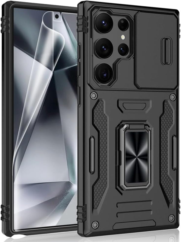 Shockproof Phone Case for Samsung Galaxy S24 Ultra, Sliding Camera Cover & Ring Holder Kickstand, Black