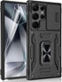 Shockproof Phone Case for Samsung Galaxy S24 Ultra, Sliding Camera Cover & Ring Holder Kickstand, Black