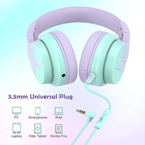 Gradient Purple Kids Headphones - Wired Over Ear with Microphone, 85/94dB Volume Limiter, Foldable, Sharing Jack.