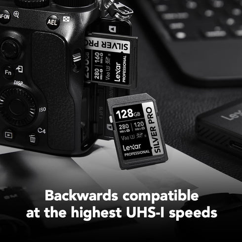 Lexar 128GB Professional SILVER PRO SDXC Memory Card, UHS-II, C10, U3, V60, Up to 280MB/s Read for Video