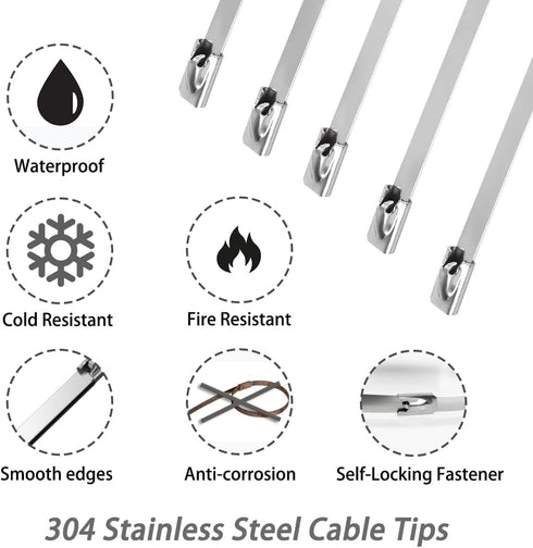25 PCS Heavy Duty Zip Ties, 10 Inch Outdoor Cable Ties, 304 Stainless Steel for Home Improvement, Machinery, Vehicles