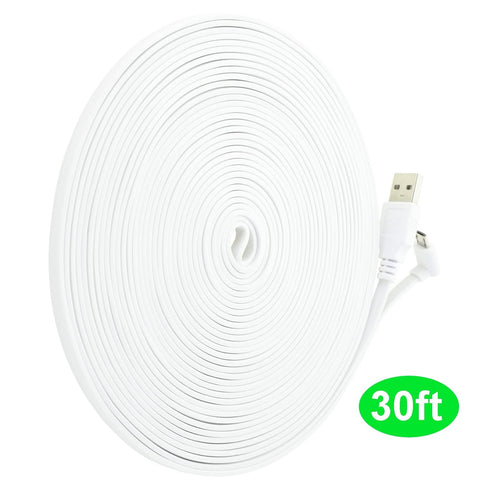 LEFXMOPHY 30ft Power Cord for WYZE Cam Pan V3 90 Degree L-Shape Connector Micro USB Right Angle Extension Charging Cable Long Flat White Extender