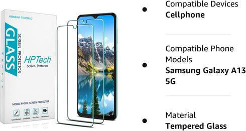 Samsung Galaxy A13 5G Tempered Glass Screen Protector (2 Pack) by HPTech, Easy Installation, Bubble Free, Case Friendly.
