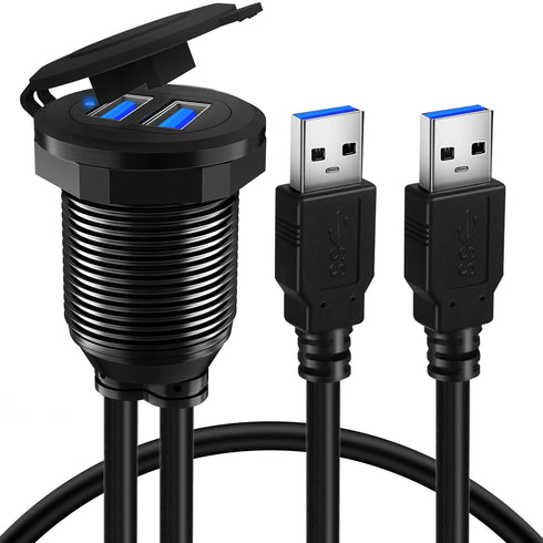 BATIGE Alloy Dual Port USB 3.0 Car Dashboard Flush Mount Cable, Male to Female with LED Indicator, 1ft
