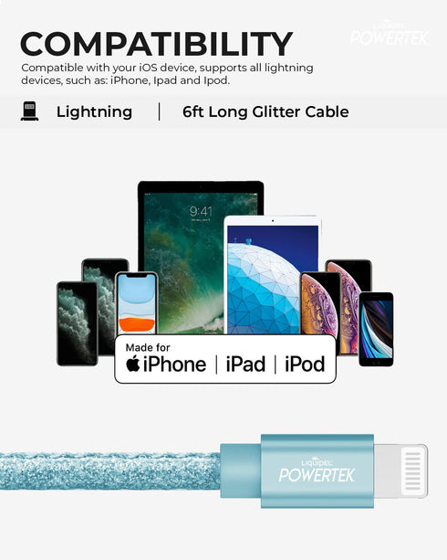 LIQUIPEL Powertek Glitter MFi Certified Charger for Apple iPhone, iPad, 6ft Lightning to USB Cable
