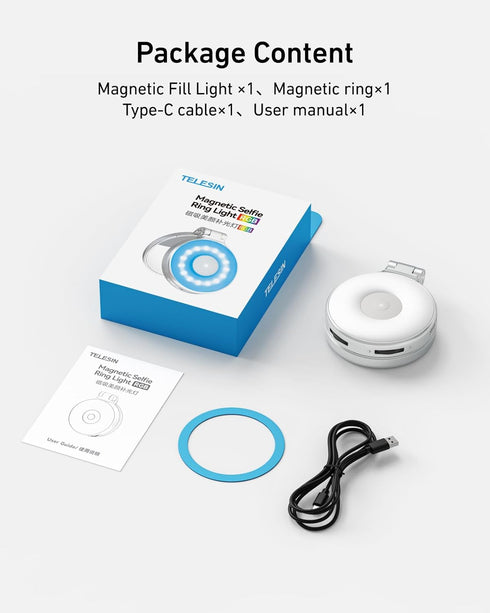 TELESIN 4-in-1 Upgraded Magnetic RGB Selfie Ring Light with Mirror & Phone Stand, Rechargeable Portable Clip On Fill