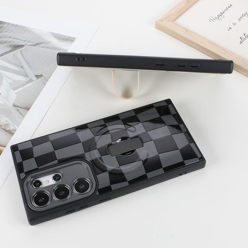 SOKAD S24 Magnetic Checkered Case for Samsung Galaxy Ultra with Finger Strap Kickstand, Compatible with Magsafe, Cute