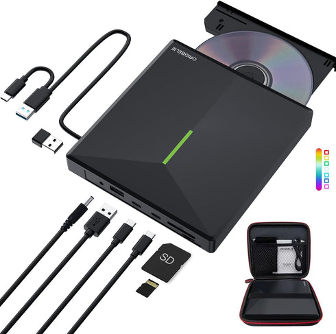 External CD DVD Drive with 4 USB Ports, 2 TF/SD Card Slots, USB 3.0 Portable Player Burner Reader for Laptop Mac PC