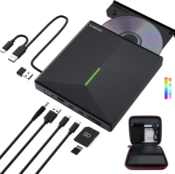 External CD DVD Drive with 4 USB Ports, 2 TF/SD Card Slots, USB 3.0 Portable Player Burner Reader for Laptop Mac PC
