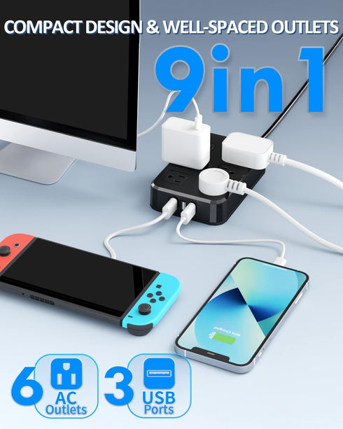Weatherproof Outdoor Power Strip, Waterproof Surge Protector with 6 Wide Outlets, 3 USB Ports, 10FT Extension Cord,