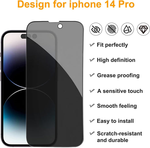 pehael [2+2 Pack iPhone 14 Pro Privacy Screen Protector with Camera Lens Protector Full Coverage Anti-Spy Tempered Glass Film 9H Hardness Upgrade Edge Protection Easy Installation Bubble Free