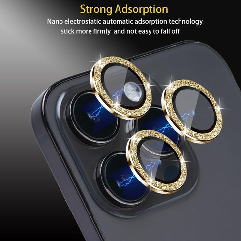 Camera Lens Protector for iPhone 14 Pro & Pro Max, Tempered Glass with Aluminum Alloy Ring - Glitter Gold