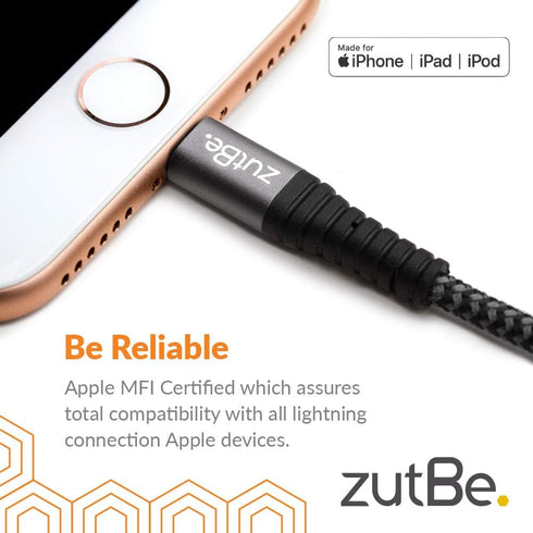 MFi Certified Shield Silver&Black Lightning Cable, 6 Ft Reinforced Kevlar Charger for iPhone 12, SE, 11, X, 8, 7, 6,