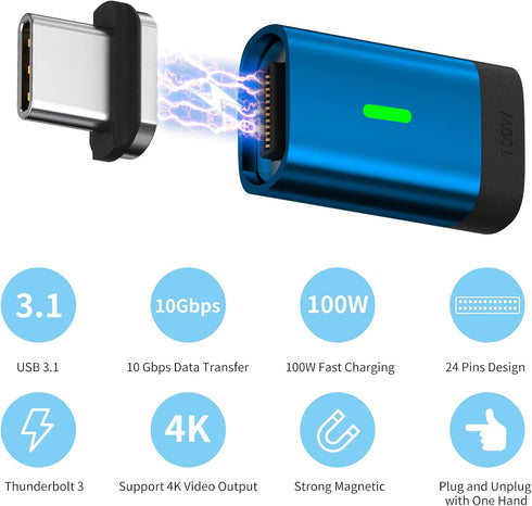 USB C Magnetic Adapter(2 Pack) 24Pins Magnetic USB C Adapter Straight,PD 100W Fast Charge,USB 3.1 40Gbps Transfer Speed,4K 60Hz Video Output for Thunderbolt 3,MacBook Pro/Air